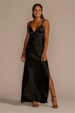 Rhinestone Trimmed Satin Sheath Dress