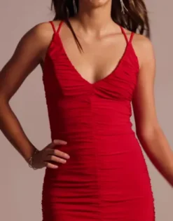 Double Strap Ruched V-Neck Sheath -Kelly Shop 12782D MRed PRTY