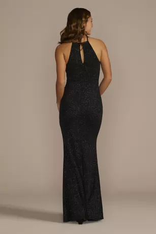 High Neck Glitter Sheath Dress With Slit 2 High Neck Glitter Sheath Dress With Slit - Image 2
