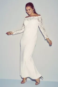 Off-the-Shoulder Long Sleeve Lace Draped Gown -Kelly Shop 184213DB 1 PDP Crop 1920x2880