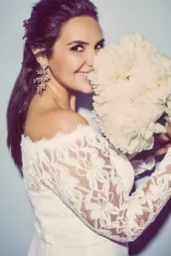 Off-the-Shoulder Long Sleeve Lace Draped Gown -Kelly Shop 184213DB 2 PDP Crop 1920x2880