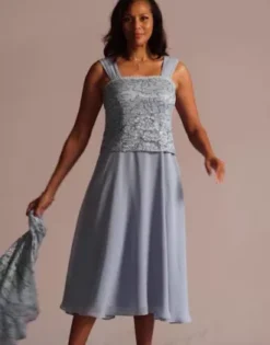 Tea Length Sequin Lace And Chiffon Jacket Dress -Kelly Shop 28987 DustyBlue