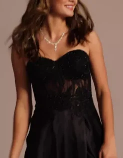 Strapless Illusion Lace Applique Satin A-Line 7 Strapless Illusion Lace Applique Satin A-Line -Kelly Shop 3331BN MBlack PRTY