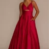 Long V-Neck Satin Ball Gown With Bodice Cutout
