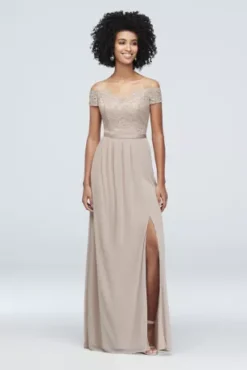 Off-the-Shoulder Lace And Mesh Bridesmaid Dress