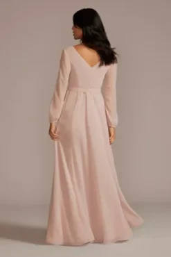 Long Sleeve Chiffon Bridesmaid Dress With Slit -Kelly Shop 4XLF20457 DUSTYPINK BM PROD11 535