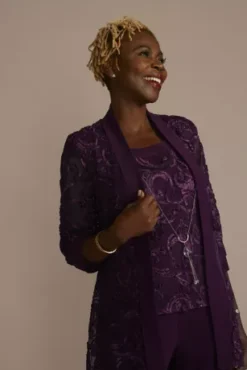 Three-Quarter Sleeve Soutache Embroidered Pantsuit -Kelly Shop 5012 MPLUM MOB PROD1 354