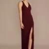 Ruched Crepe Halter Neck Sheath With Slit
