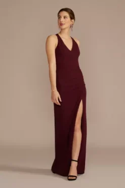 Ruched Crepe Halter Neck Sheath With Slit