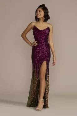 Floor Length Ombre Stretch Sequin Sheath