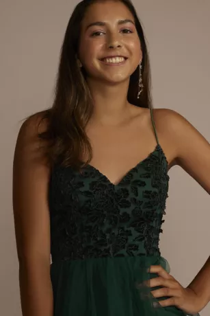 Embroidered Velvet A-Line Dress With Tulle Skirt 3 Embroidered Velvet A-Line Dress With Tulle Skirt - Image 3