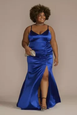 Stretch Satin Long Ruched Dress With Slit