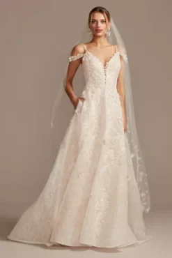 Beaded Applique Wedding Dress With Swag Sleeves