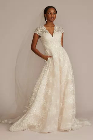 Scalloped Lace Cap Sleeve Ball Gown Wedding Dress 1 Scalloped Lace Cap Sleeve Ball Gown Wedding Dress