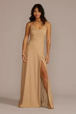 Metallic Cowl Neck Dress With Lace-Up Back