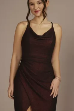 Cowl Neck Metallic Glitter Knit Sheath With Slit 5 Cowl Neck Metallic Glitter Knit Sheath With Slit -Kelly Shop D21NY22028V1 RED PRTY PROD2 084