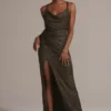 Cowl Neck Metallic Glitter Knit Dress With Slit