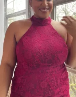 Allover Lace Halter Gown With Slit -Kelly Shop D21NY22155V1 PDP