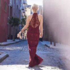 Allover Lace Halter Gown With Slit -Kelly Shop D21NY22155V1 WINE PRTY SPRING 22 795