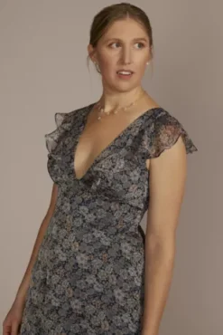 Plunging Printed Chiffon Gown With Ruffles -Kelly Shop D21NY22162V2 MARINE PARTY PROD2 063