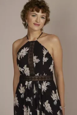 Printed Chiffon Halter A-Line With Illusion Detail -Kelly Shop D21NY22167V1 MBLKMULTI PARTY PROD2 3039