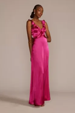 Floor Length Ruffle Charmeuse Gown