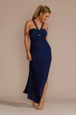 Metallic Halter Sheath Dress With Bodice Cutout