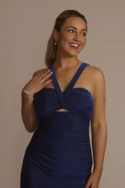 Metallic Halter Sheath Dress With Bodice Cutout 5 Metallic Halter Sheath Dress With Bodice Cutout -Kelly Shop D21NY22516 ROYAL PRTY PROD7 067