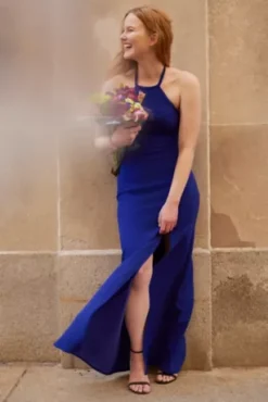 Crepe Halter Sheath With Fringe Back -Kelly Shop D21NY22532 COBALT OCC DBSTU FALL 22 32