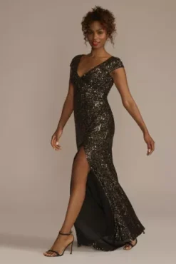 Cap Sleeve Allover Sequin Sheath Dress With Slit