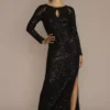 Long Sleeve Allover Sequin Sheath With Cutouts