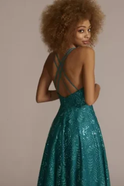 Square Neck Floral Leaf Patterned Sequin A-line -Kelly Shop D24NY22014V3 PEACOCK PROM PROD12 144