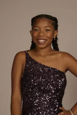 One-Shoulder Shimmer Sequin Floor Length Gown -Kelly Shop D24NY22034 PURPLE PRM PROD11 062