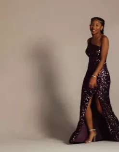 One-Shoulder Shimmer Sequin Floor Length Gown -Kelly Shop D24NY22034 Purple 2