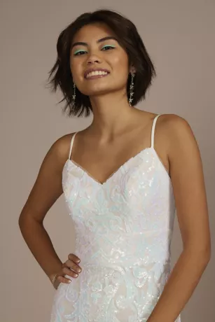 Long V-Neck Iridescent Sequin Patterned Sheath 3 Long V-Neck Iridescent Sequin Patterned Sheath - Image 3