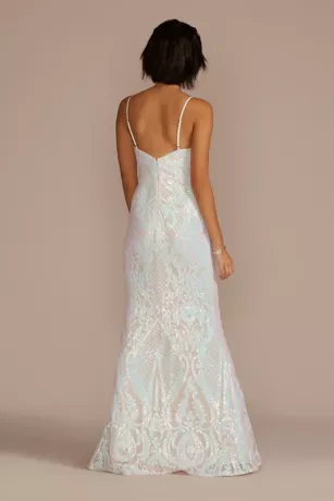 Long V-Neck Iridescent Sequin Patterned Sheath 2 Long V-Neck Iridescent Sequin Patterned Sheath - Image 2