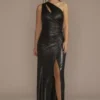 One Shoulder Cutout Textured Metallic Sheath Dress