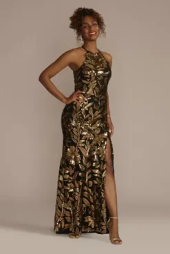 Floral Sequined Halter Sheath Dress