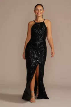 High Neck Keyhole Patterned Sequin Sheath