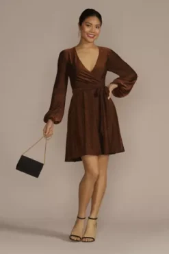 Long Sleeve Glitter Metallic Wrap Dress