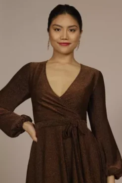 Long Sleeve Glitter Metallic Wrap Dress -Kelly Shop D39NY22536 COPPER PRTY PROD6 087