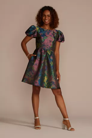 Short Puff Sleeve Open Back Brocade A-Line 1 Short Puff Sleeve Open Back Brocade A-Line