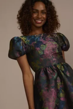 Short Puff Sleeve Open Back Brocade A-Line 5 Short Puff Sleeve Open Back Brocade A-Line -Kelly Shop D39NY22549 MULTI PRTY PROD7 216