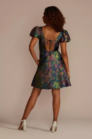 Short Puff Sleeve Open Back Brocade A-Line 2 Short Puff Sleeve Open Back Brocade A-Line - Image 2