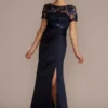 Satin Sheath Gown With Lace Illusion Neck