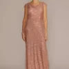Cowl Neck Cap Sleeve Allover Sequin Gown