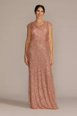 Cowl Neck Cap Sleeve Allover Sequin Gown