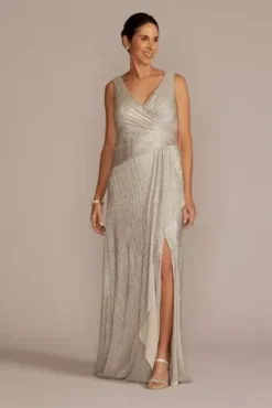 V-Neck Metallic Sheath Gown With Skirt Slit