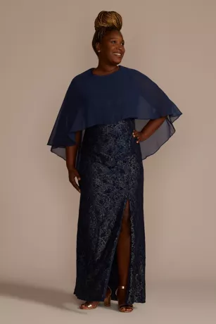 Metallic Lace Sheath Dress With Chiffon Cape 1 Metallic Lace Sheath Dress With Chiffon Cape