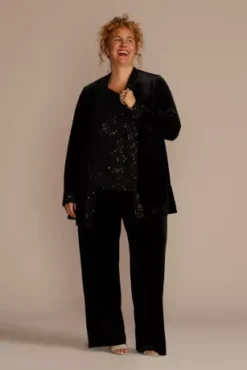Plus Size Long Sleeve Velvet Sequin Pantsuit